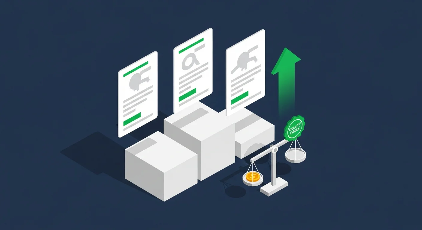 Isometric illustration of the Google Ads auction showing ad rank positions balanced between bid and quality