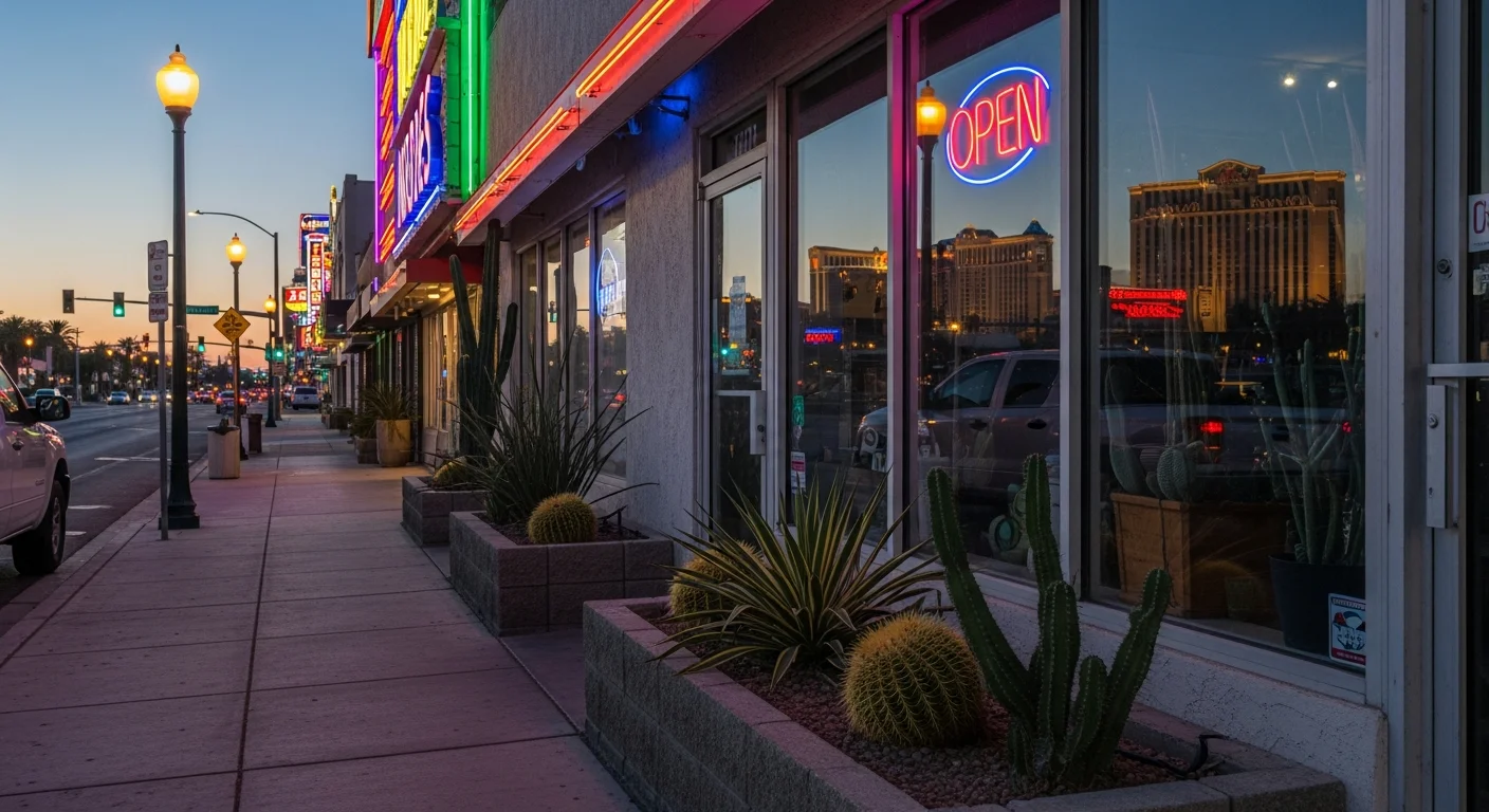 Small Las Vegas storefront at dusk lit by neon signage off the Strip